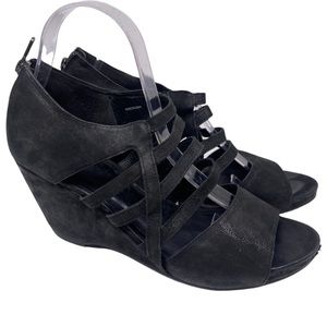 Eileen Fisher Black Leather Strappy Wedge Sandals